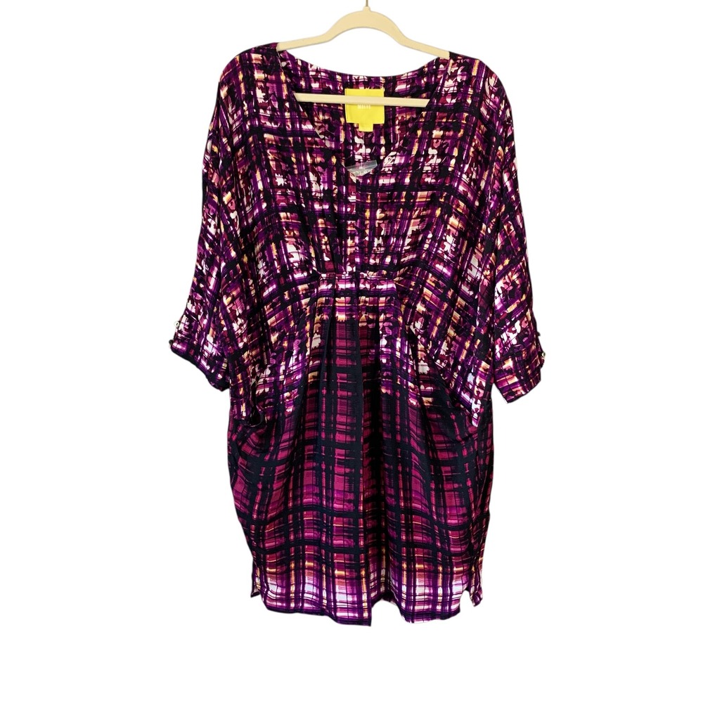 Maeve Anthropologie Tunic Dress Plaid Print V Neck 3/4 Sleeve Casual Medium NWT